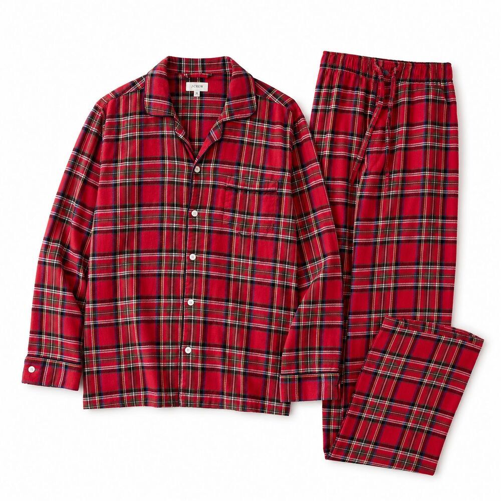 J.Crew Men's Flannel Pajama Set Size Medium Red Plaid Long Sleeve Top Pants